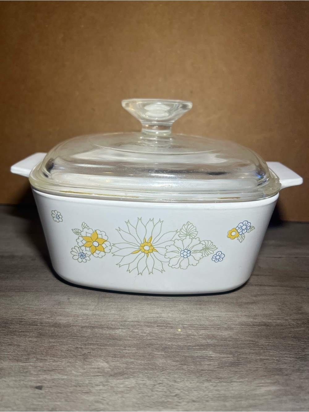 Corningware White Covered Casserole with Yellow & Blue Floral Pattern